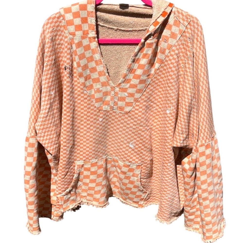 Magnolia Pearl Orange Checkered Hoodie Sweatshirt Front Pockets Distressed NWT